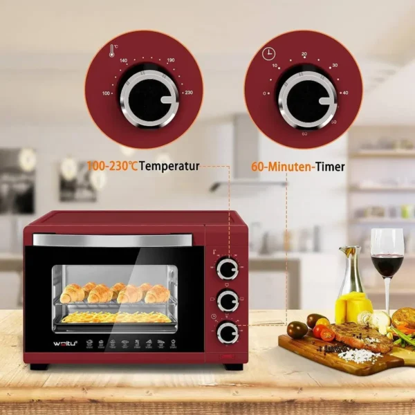 Mini-oven 21 L, 1280 W, 100-230 °C, Timer 60 Minuten, Boven-/onderwarmte, Dubbel Glas Rood 5