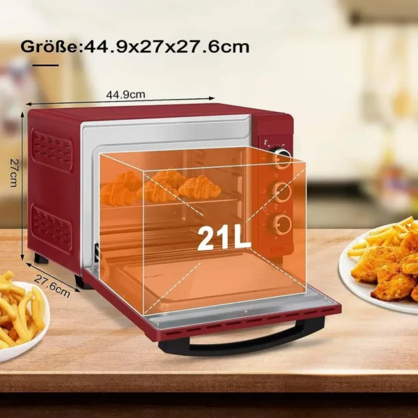 Mini-oven 21 L, 1280 W, 100-230 °C, Timer 60 Minuten, Boven-/onderwarmte, Dubbel Glas Rood 6