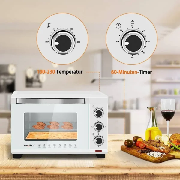 Mini-oven 21 L, 1280 W, 100-230 °C, Timer 60 Minuten, Boven-/onderwarmte, Dubbel Glas Wit 3