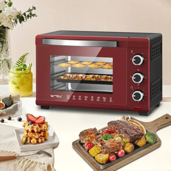 Mini-oven 28 L, Pizzaoven 1600 W, 100-230 °C, Timer 0-60 Min, 3 Verwarmingsmodi Rood-zwart 2