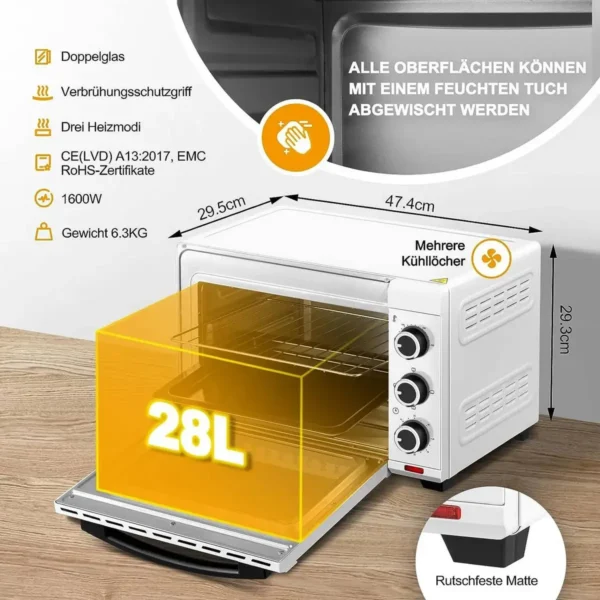 Mini-oven 28 L, Pizzaoven 1600 W, 100-230 °C, Timer 0-60 Min, 3 Verwarmingsmodi Wit 3