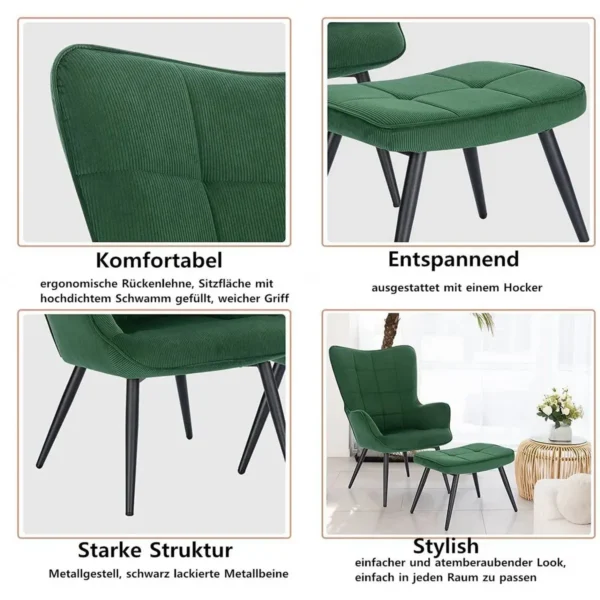 Ontspanningsfauteuil, Fauteuil, Vintage Retro Fauteuil, Gestoffeerde Fauteuil Met Kruk, Corduroy Groen 4