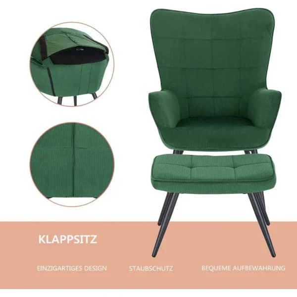 Ontspanningsfauteuil, Fauteuil, Vintage Retro Fauteuil, Gestoffeerde Fauteuil Met Kruk, Corduroy Groen 5