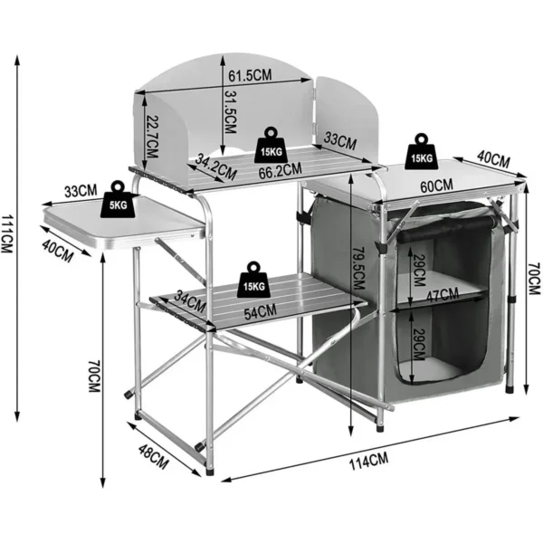 Opvouwbare Campingkast Inclusief Draagtas Met Aluminium Frame, Draagbare Reiskeuken, Witgrijs 3