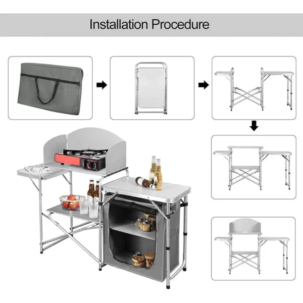 Opvouwbare Campingkast Inclusief Draagtas Met Aluminium Frame, Draagbare Reiskeuken, Witgrijs 6