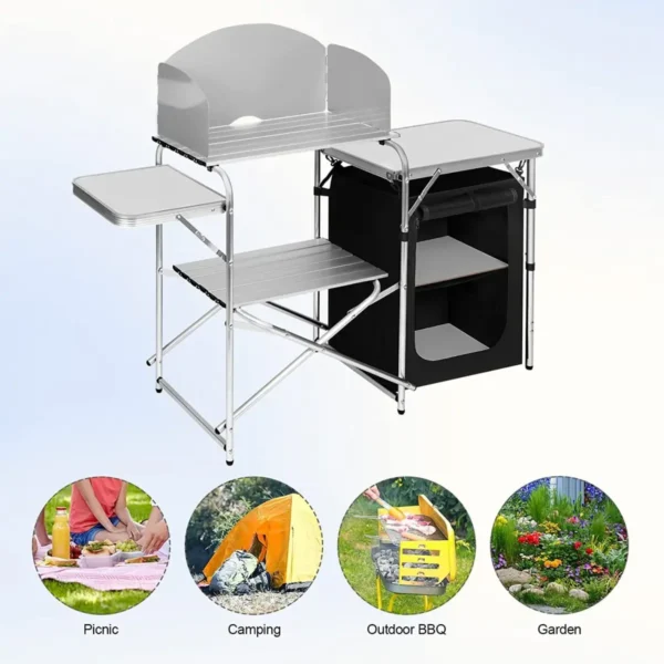 Opvouwbare Campingkast Inclusief Draagtas Met Aluminium Frame, Draagbare Reiskeuken, Zwart En Wit 2