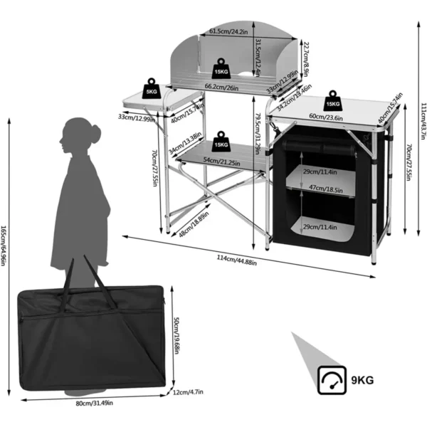 Opvouwbare Campingkast Inclusief Draagtas Met Aluminium Frame, Draagbare Reiskeuken, Zwart En Wit 3