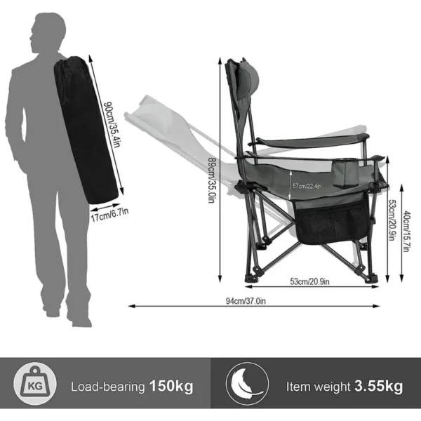 Opvouwbare Campingstoel, Lichtgewicht Visstoel Met Rugleuning, Bekerhouder, Grijs 3
