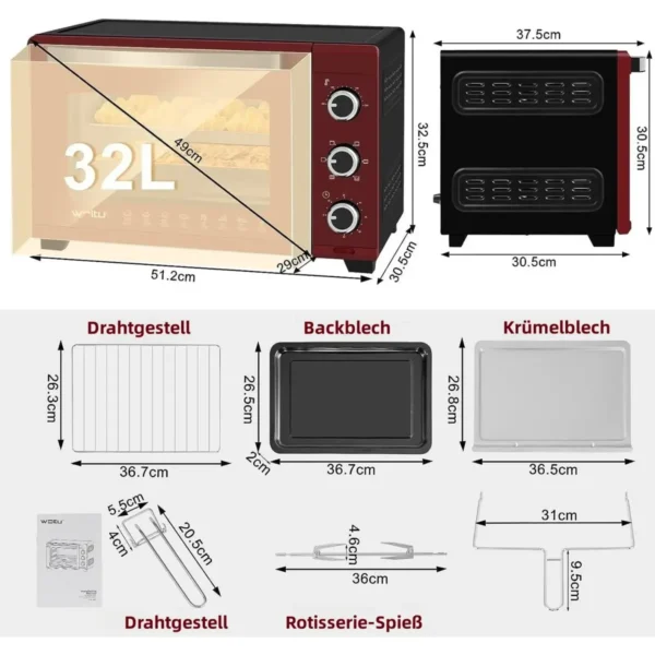 Oven Met Circulatielucht, Pizzaoven 32 L, 0-60 Min. Timer, 5 Verwarmingsmodi, Dubbele Glazen Deur Rood-zwart 3