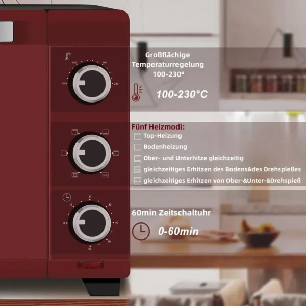 Oven Met Circulatielucht, Pizzaoven 32 L, 0-60 Min. Timer, 5 Verwarmingsmodi, Dubbele Glazen Deur Rood-zwart 5