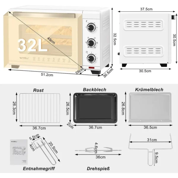 Oven Met Luchtcirculatie, Pizzaoven 32 L, Timer 0-60 Min, 5 Verwarmingsmodi, Dubbele Glazen Deur Wit 3