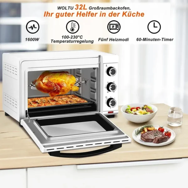 Oven Met Luchtcirculatie, Pizzaoven 32 L, Timer 0-60 Min, 5 Verwarmingsmodi, Dubbele Glazen Deur Wit 4