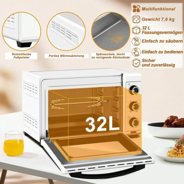 Oven Met Luchtcirculatie, Pizzaoven 32 L, Timer 0-60 Min, 5 Verwarmingsmodi, Dubbele Glazen Deur Wit 6