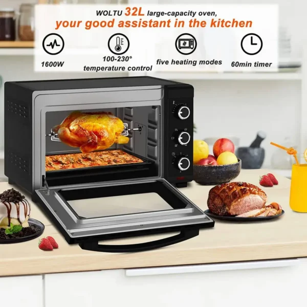 Oven Met Luchtcirculatie, Pizzaoven 32 L, Timer 0-60 Min., 5 Verwarmingsmodi, Zwarte Dubbele Glazen Deur 8