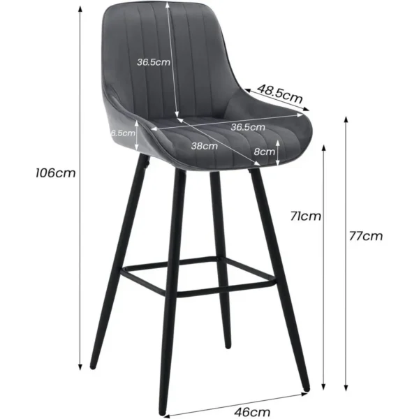 Set Van 2 Barkrukken, Barstoelen, Gewatteerde Stoel, Gemaakt Van Fluweel, Metalen Poten Donkergrijs 3