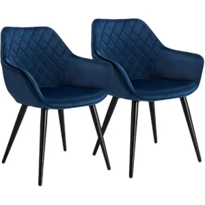 Set Van 2 Woonkamerstoelen, Eetkamerstoelen, Gestoffeerde Stoelen Met Armleuningen, Fluweel Metaal Blauw 1