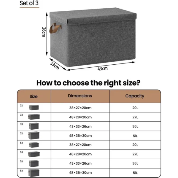 Set Van 3 Opbergdozen Met Deksel, Met Handvatten, Opvouwbaar, Grijs 36L (43x26x33 Cm) 9