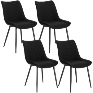 Set Van 4 Eetkamerstoelen, Keukenstoelen, Zitting Van Linnen, Frame Van Zwart Metaal 1