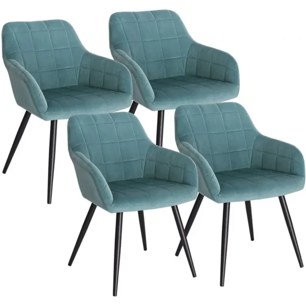 Set Van 4 Eetkamerstoelen Met Armleuningen, Fluwelen Zitting, Turquoise Metalen Poten 1