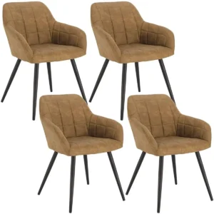 Set Van 4 Eetkamerstoelen Met Armleuningen, Zitting Van Stoffen Bekleding, Bruin Metalen Poten 1