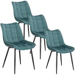 Set Van 4 Eetkamerstoelen Met Rugleuning, Fluwelen Zitting, Turquoise Metalen Poten 1