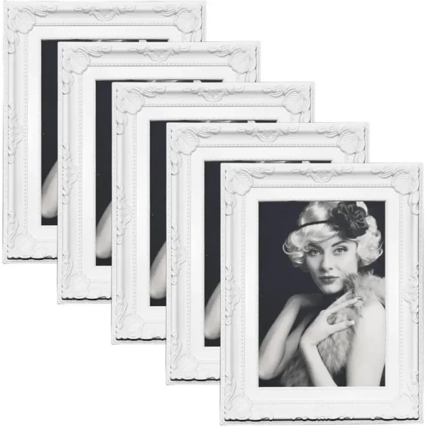 Set Van 5 Kunststof Fotolijsten, Met Plexiglas, Wit Barok, Met Standaard 10x15 Cm 1