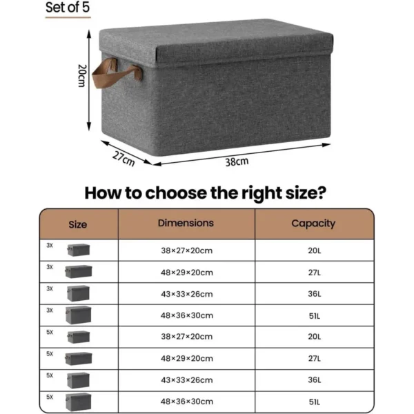 Set Van 5 Opbergdozen Met Deksel, Met Handvatten, Opvouwbaar, Grijs 20L (38x20x27 Cm) 9