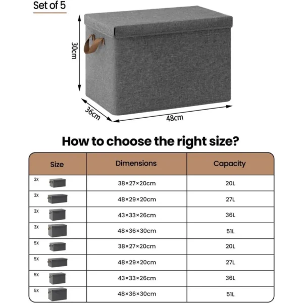 Set Van 5 Opbergdozen Met Deksel, Met Handvatten, Opvouwbaar, Grijs 51L (48x30x36 Cm) 9