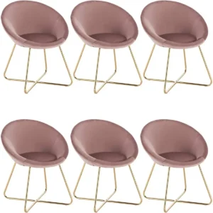 Set Van 6 Eetkamerstoelen, Gestoffeerde Stoelen, Fluwelen Zitting, Roze Metalen Frame 1