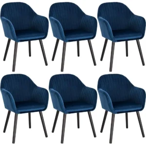 Set Van 6 Eetkamerstoelen, Keukenstoel, Woonkamerstoel Met Zwart Fluwelen Poten, Massief Hout, Blauw 1