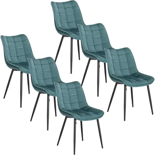 Set Van 6 Eetkamerstoelen Met Rugleuning, Fluwelen Zitting, Frame Van Turquoise Metalen Poten 1