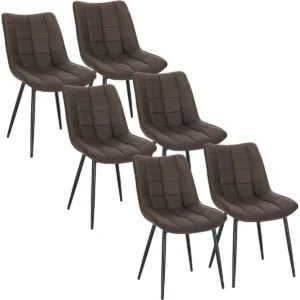 Set Van 6 Eetkamerstoelen Met Rugleuning, Zitting Van Stoffen Bekleding, Metalen Poten Donkerbruin 1