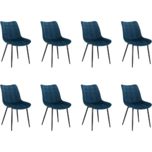 Set Van 8 Eetkamerstoelen Met Rugleuning, Fluwelen Zitting, Blauw Metalen Poten 1