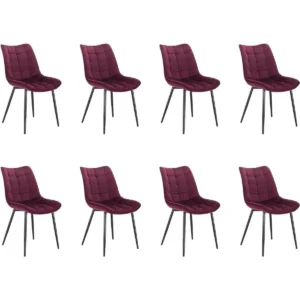 Set Van 8 Eetkamerstoelen Met Rugleuning, Fluwelen Zitting, Metalen Poten Bordeaux 1