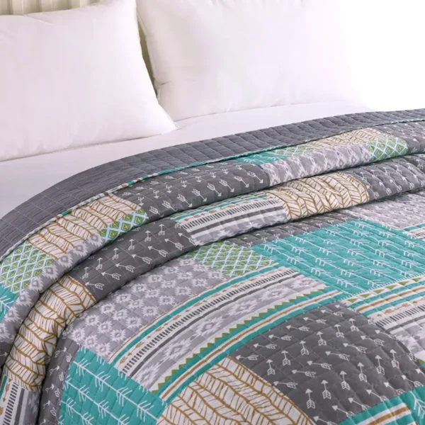 Sprei Bedsprei, Patchwork Omkeerbaar Ontwerp, Gemaakt Van Microvezel, Grijs + Groen 240 X 260 Cm 2