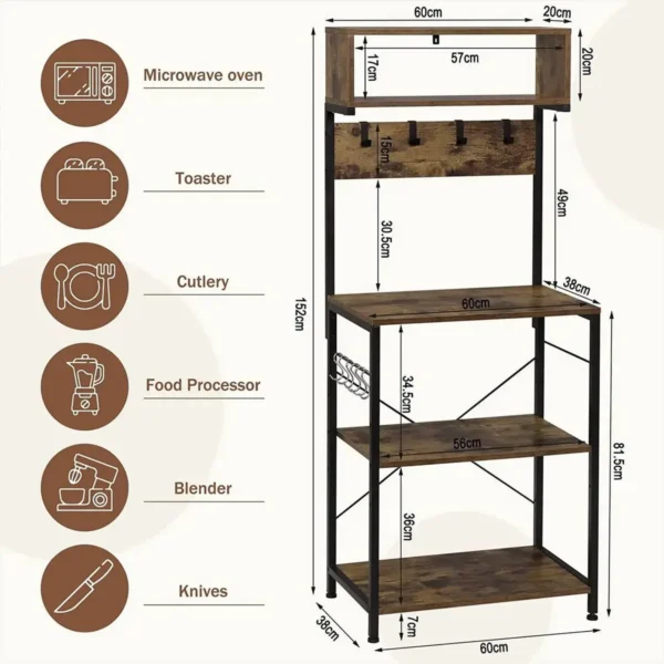 Staande Plank Met 10 Haken Keukenplank Met 5 Niveaus, Gemaakt Van Metaal Houtmateriaal, 60x152x38 Cm 3