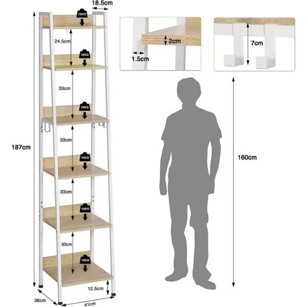 Staande Plank Met 6 Niveaus, Keukenplank Met 4 Haken, Opbergplank In Industriële Stijl, Gemaakt Van MDF Metaal Wit + Licht Eiken 3