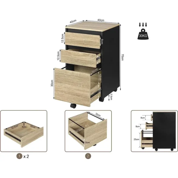 Verrijdbare Archiefkast, Kantoorkast, Rolcontainer Met 3 Laden, 40x70x40 Cm Licht Eiken + Zwart 3