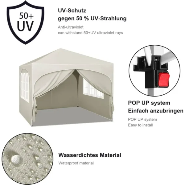 Vouwpaviljoen 3x3 M, Waterafstotende UV-bescherming 50+, In Hoogte Verstelbaar, Met Beige Draagtas 6