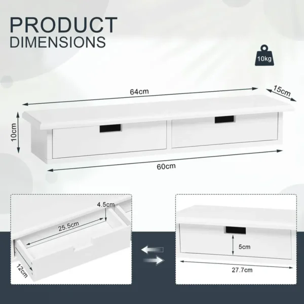 Wandplank Met 2 Lades, Draagvermogen Tot 15 Kg, Wanddecoratie Wandplank Wit 3