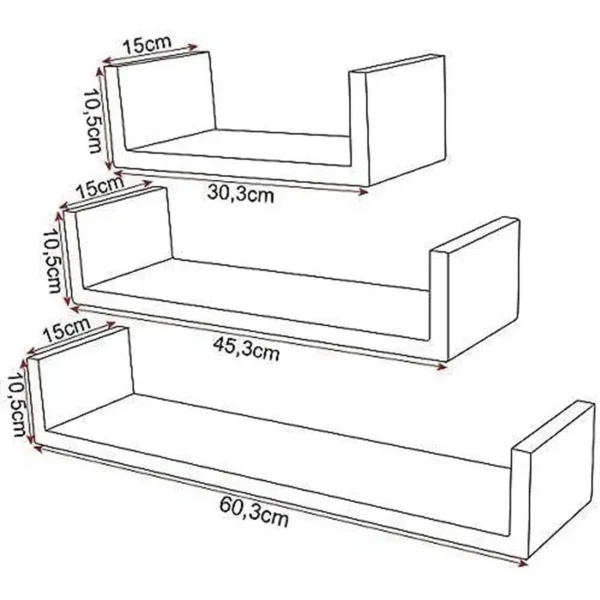 Wandplank Zwevende Plank U-vorm CD DVD Plank Set Van 3 Hangende Planken 30cm/45cm/60cm Zwart 3