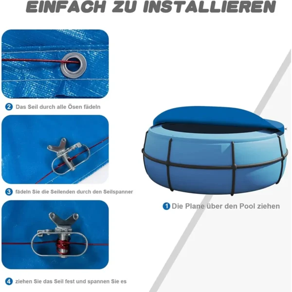 Zwembadzeil Van 200 G/m² PE, Zwembadzeil Met Ogen, Staalkabel, Aluminium Sluiting, Blauw, Φ 420 Cm 9