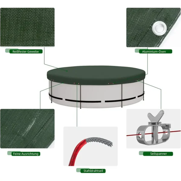 Zwembadzeil Van 200 G/m² PE, Zwembadzeil Met Ogen, Staalkabel, Aluminium Sluiting, Groen, Φ 305 Cm 8