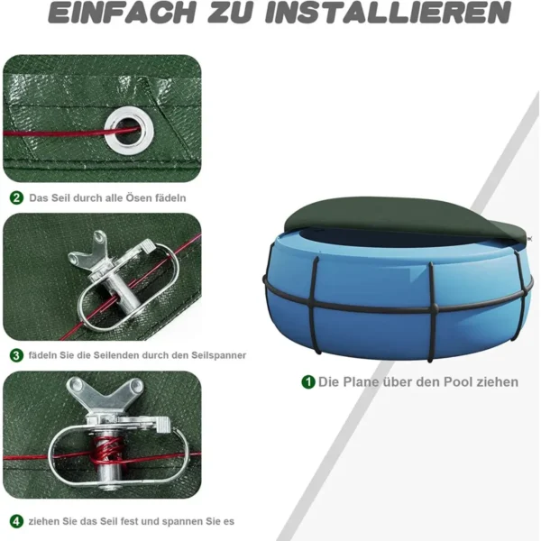 Zwembadzeil Van 200 G/m² PE, Zwembadzeil Met Ogen, Staalkabel, Aluminium Sluiting, Groen, Φ 420 Cm 9